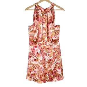 Lush Floral Paisley Satin Halter Neck Mini Dress Size L Pink Ivory Hippie Party
